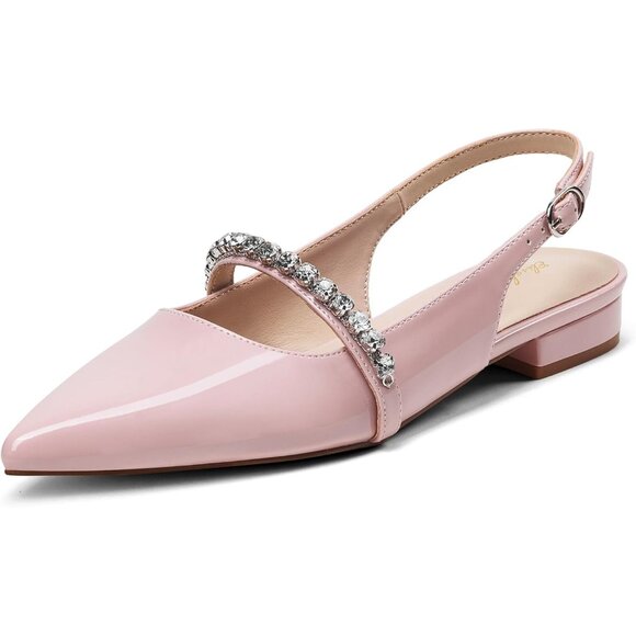 Women Pink Polyurethane (PU) Rhinestone Pointed Toe Slingback Flats Shoes - Picture 4 of 6